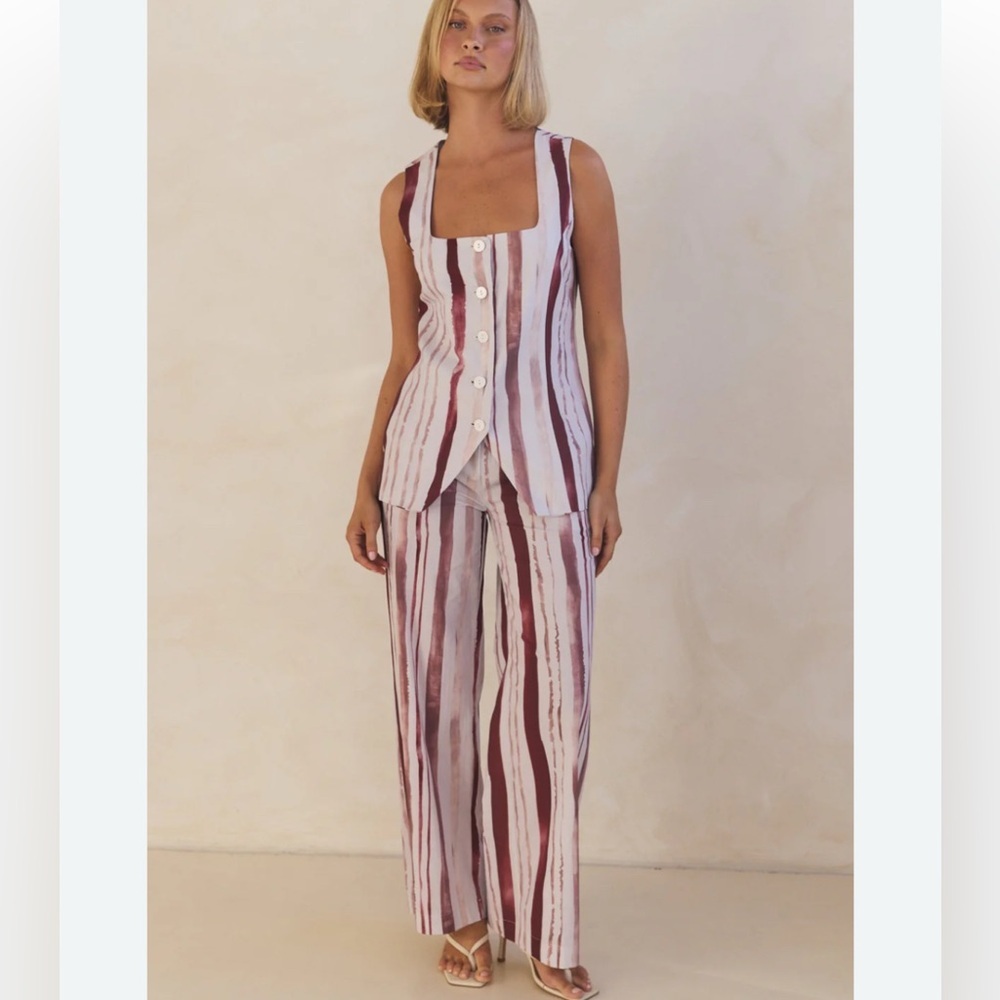 Striped Linen-Blend Tank & Wide-Leg Pants Set - Pink Stripe